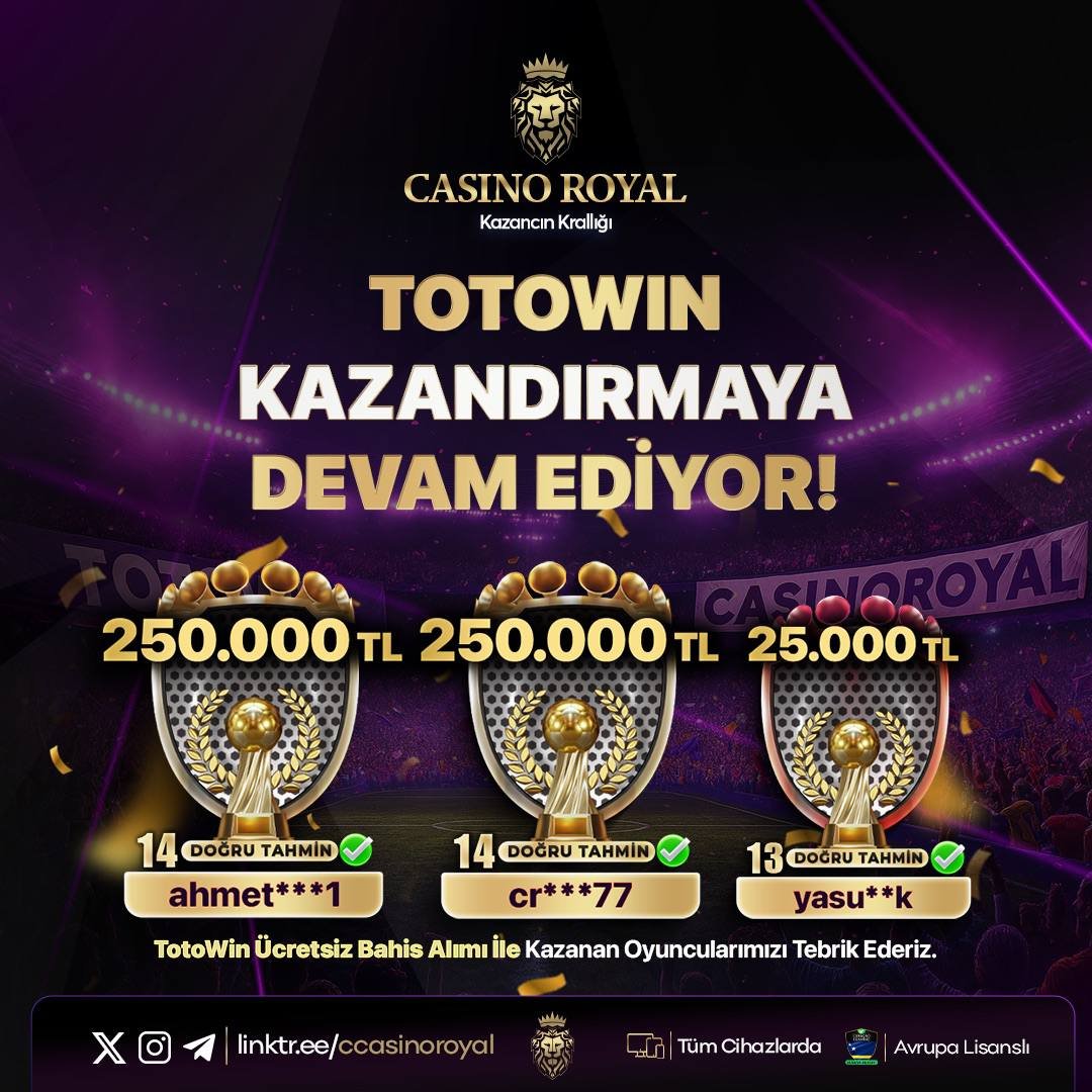 🎰 CASINOROYAL'İN TOTOWIN KAZANANLARI 

💲 KAZANAN ÜYELERİMİZİ TEBRİK EDERİZ ! 

✅ CASINOROYAL ile Dönüşler, Heyecanlar ve Unutulmaz Anılar...

👑 t2m.io/casinoroyal