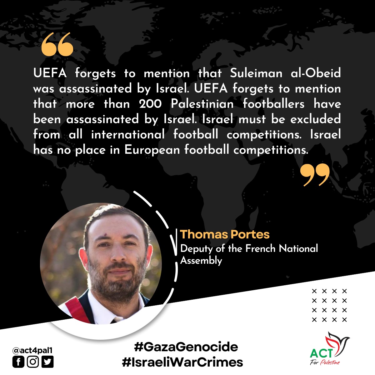 ACT 4 PALESTINE 🇵🇸 (@act4pal1) on Twitter photo "UEFA forgets to mention that Suleiman al-Obeid was assassinated by Israel. UEFA forgets to mention that more than 200 #Palestinian footballers have been assassinated by $Israel..."
<a href="/Portes_Thomas/">Thomas Portes</a>
#GazaGenocide #IsraeliNewNazism #IsraeliWarCrimes #IsraeliApartheid "UEFA forgets to mention that Suleiman al-Obeid was assassinated by Israel. UEFA forgets to mention that more than 200 #Palestinian footballers have been assassinated by $Israel..."
<a href="/Portes_Thomas/">Thomas Portes</a>
#GazaGenocide #IsraeliNewNazism #IsraeliWarCrimes #IsraeliApartheid