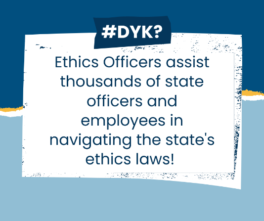 #DYK? Ethics Officers assist state officers and employees in navigating the state's ethics laws! The Commission offers an information center for Ethics Officers to explore online: ethics.ny.gov/ethics-officer…. Plus, find your agency Ethics Officer by visiting ethics.ny.gov/info-nys-emplo….