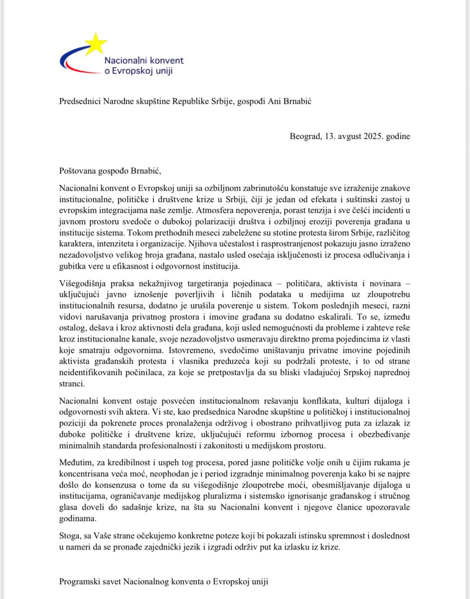Povodom pisma koje je predsednica Narodne skupštine Republike Srbije, gospođa Ana Brnabić uputila Nacionalnom konventu o Evropskoj uniji sa zahtevom za reakciju na aktivnosti dela građana koji protestuju, a koje se organizuju u blizini stanova i kuća zvaničnika vlasti i