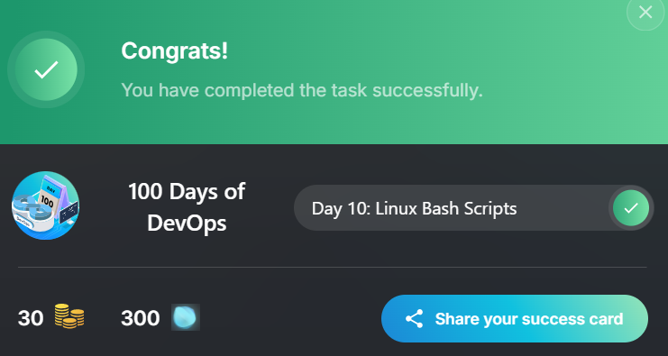 Menna_Salah03's tweet image. Day 10 ✅ of #100DaysOfDevOps by @KodeKloudHQ
10% of the way is done 🥳
Today combined a few skills
- Making a simple shell script
- learned a few new utilities (scp, zip)
- enabling passwordless access to servers
#Linux #shellscript #DevOps