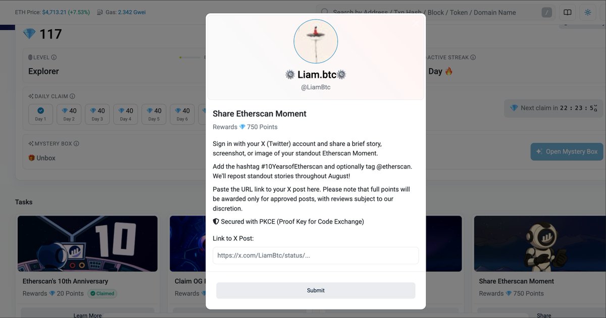 LiamBtc's tweet image. Etherscan
@etherscan
今天发布十周年纪念活动，在8月12日前创建Etherscan账户并活跃可以参与撸徽章和OG积分，毕竟是eth区块浏览器发的活动，我觉得是有啥福利的！ etherscan.io/points 
+打标签 #10YearsofEtherscan 赚取更多积分，每一天都记得手动提交一下！