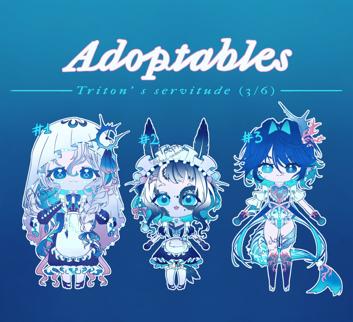 SET PRICE ADOPTABLES
(first come first serve DM for claim)

Price: 70€ each（character sheet + extra chibi illustration）
+Commercial use price: 140€ each (for streaming and merch)