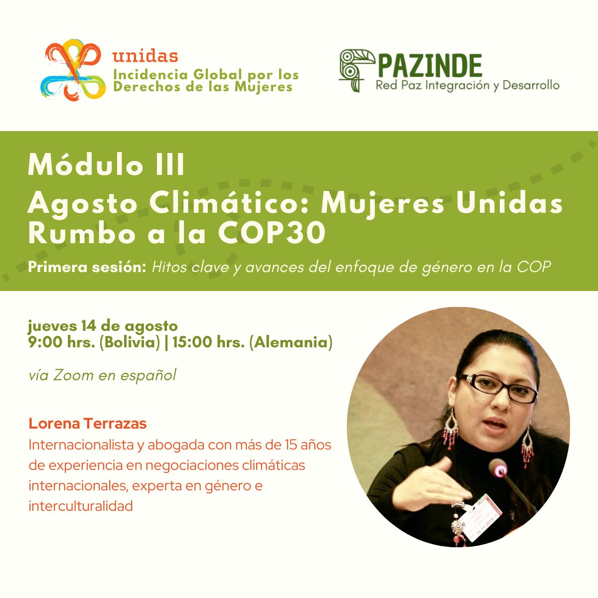 🌱No te pierdas el “Agosto Climático: #Unidas rumbo a la #COP30” — Sesión I
🗓️ Mañana, 14 de agosto | 9 AM (Bolivia) / 3 PM (Berlín)
Acompáñanos para conocer hitos de género en COP, desafíos y tips para participar con la experta <a href="/LorenaTerrazas/">Lorena Terrazas</a>
🔗Registro: lnkd.in/e_xsaKyA