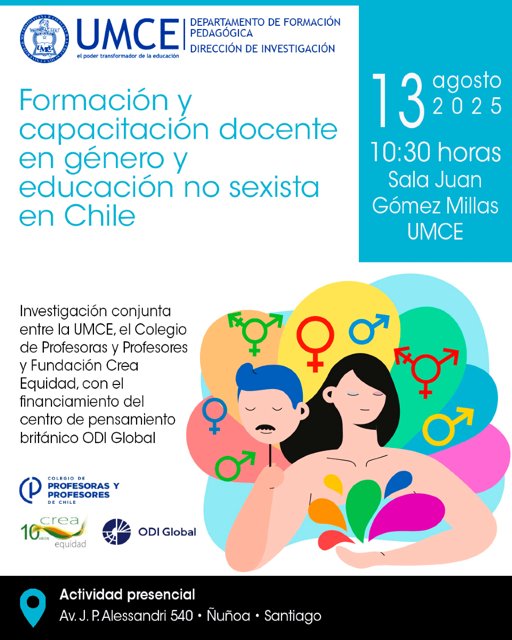 HOY, lanzamiento de los resultados de la investigación Formación y capacitación docente en género y educación no sexista, realizada de manera conjunta entre <a href="/crea_equidad/">Crea Equidad</a> <a href="/umcecl/">UMCE</a> y <a href="/ColegioProfes/">Colegio de Profesoras y Profesores de Chile</a>, que contó con el apoyo del centro de pensamiento británico <a href="/ODIGlobal/">Gavin Starks</a>
