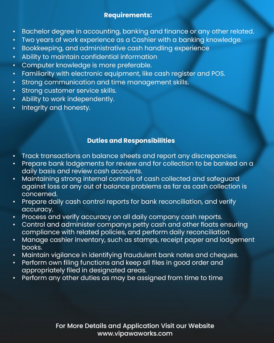 Vipawaworks's tweet image. New Job Opportunity - 📣
We are looking for a Cashier to manage all transactions with customers accurately and efficiently. 

🚨To apply: visit our website 👇

🌐 vipawaworks.com

#HR #Ajira #NipeDili #Jobs #wednesdayvibes #ApplyNow #Job
