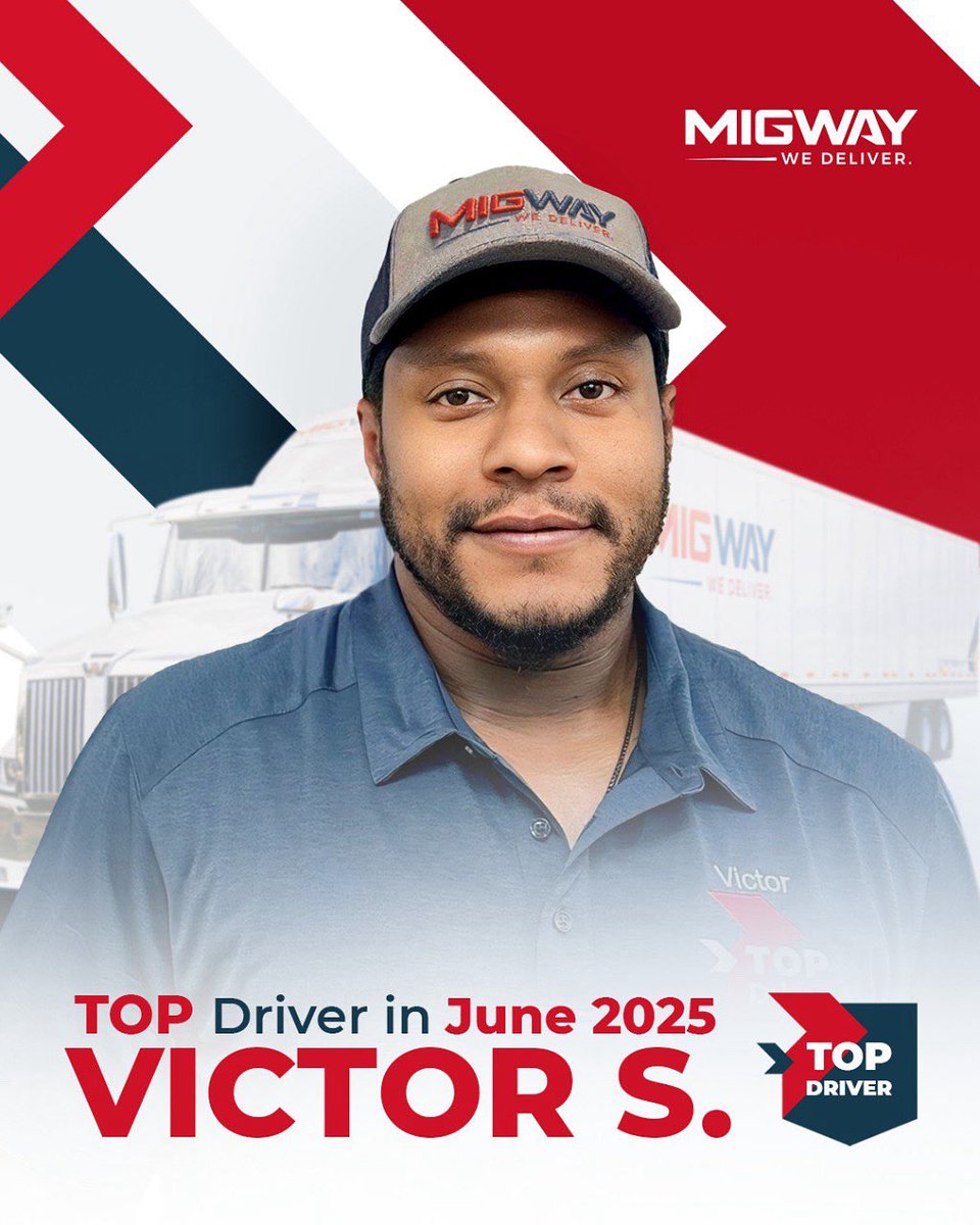migway_'s tweet image. Meet Victor S., our June #TopDriver.
Victor keeps freight moving with precision, safety, and reliability—mile after mile. His commitment to on-time deliveries and clean communication makes him a driver we’re proud to have on the #MigWay team.

#TruckDriverLife #CDLA #OTR