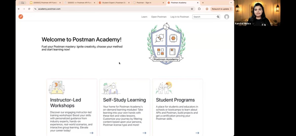 SurbhiTalwar04's tweet image. Just learned so much at API workshop with @Aanchalmishra & @getpostman! at @GSSOC
Kicking off the Postman API Fundamentals Student Expert Certification.
Key Takeaways: API Basics & Postman skills (request, scripting, testing) +Wonderful collaboration features.
#PostmanStudent