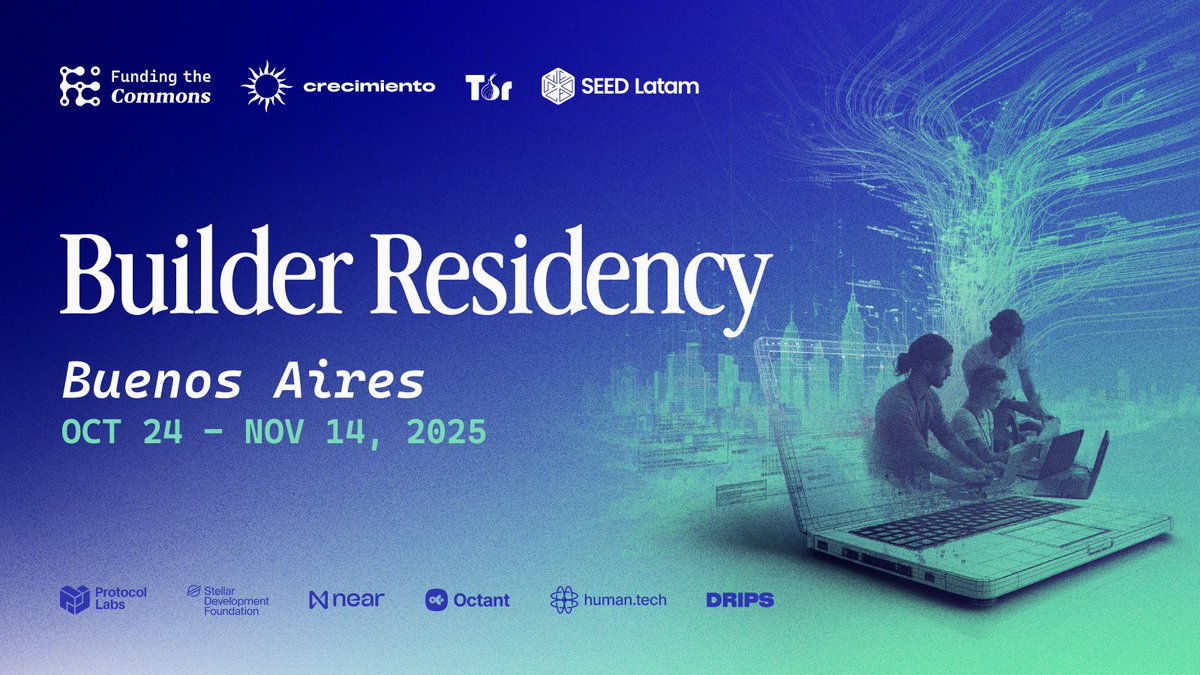 Funding The Commons (@fundingcommons) on Twitter photo Build, live, and exchange ideas with peers shaping public goods infrastructure. 🌎🌱
The FtC Builder Residency runs October 24–November 14 in Buenos Aires—timed just before Devconnect.
Made possible by <a href="/protocollabs/">Protocol Labs</a>, <a href="/StellarOrg/">Stellar</a>, <a href="/NEARProtocol/">NEAR Protocol</a>, <a href="/OctantApp/">Octant.eth</a>, <a href="/0xHolonym/">human.tech by Holonym</a>, and Build, live, and exchange ideas with peers shaping public goods infrastructure. 🌎🌱
The FtC Builder Residency runs October 24–November 14 in Buenos Aires—timed just before Devconnect.
Made possible by <a href="/protocollabs/">Protocol Labs</a>, <a href="/StellarOrg/">Stellar</a>, <a href="/NEARProtocol/">NEAR Protocol</a>, <a href="/OctantApp/">Octant.eth</a>, <a href="/0xHolonym/">human.tech by Holonym</a>, and