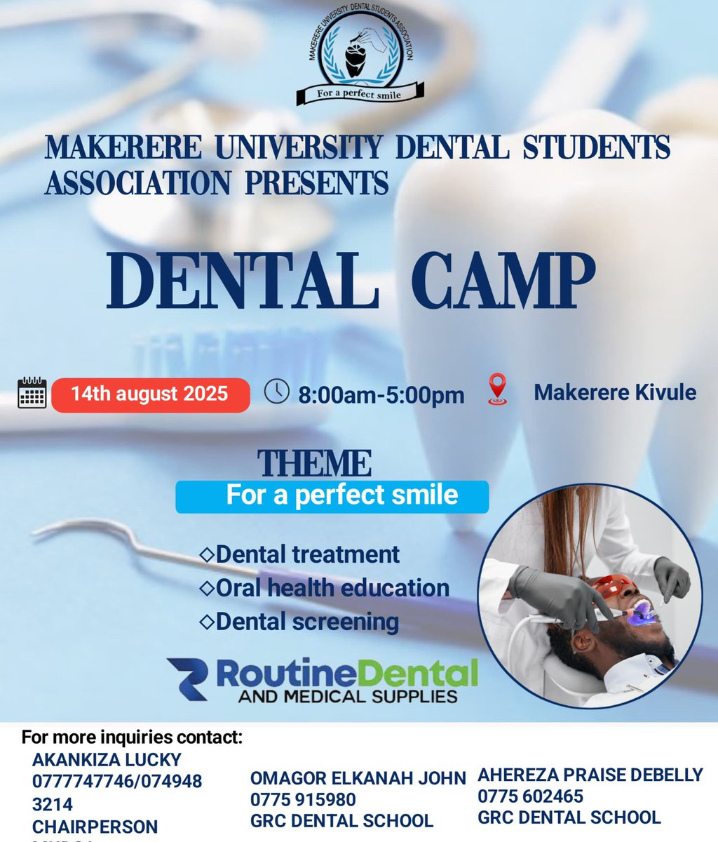 RoutineDental's tweet photo. The Makerere Dental Students Association (@officialMUDSA) presents the Dental Camp ⛺️ 🦷 

Slash this copy for Routine.

It’s D-Day!

Theme: For a perfect smile
Don’t miss:
🦷 Dental Treatments
🦷 Oral Health Education
🦷 Dental Screening 

📌 August 14th, 2025
📍 Makerere Kivule https://t.co/PRiJNVFI07