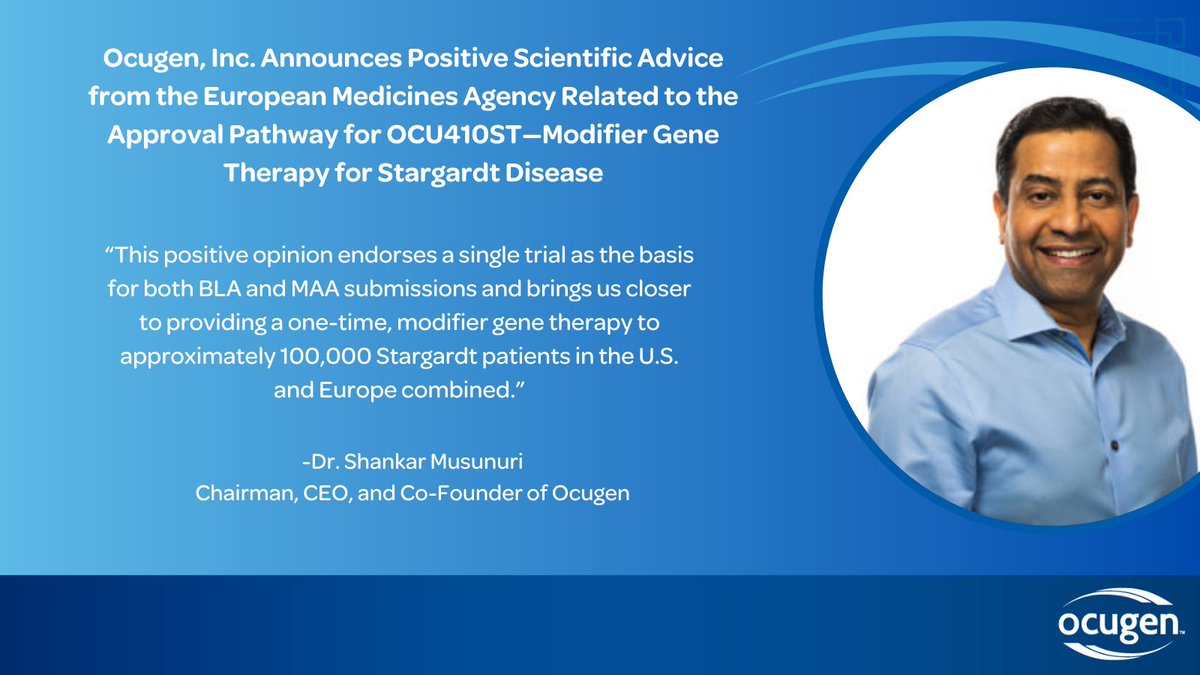 Ocugen (@ocugen) on Twitter photo EMA (<a href="/EMA_News/">EU Medicines Agency</a>) gives Ocugen the green light to move forward with a single, U.S.-based Phase 2/3 trial for OCU410ST for MAA filing— bringing us closer to delivering the first treatment for Stargardt disease.
Read: bit.ly/3V38bxi
#GeneTherapy #RareDisease #Ocugen EMA (<a href="/EMA_News/">EU Medicines Agency</a>) gives Ocugen the green light to move forward with a single, U.S.-based Phase 2/3 trial for OCU410ST for MAA filing— bringing us closer to delivering the first treatment for Stargardt disease.
Read: bit.ly/3V38bxi
#GeneTherapy #RareDisease #Ocugen