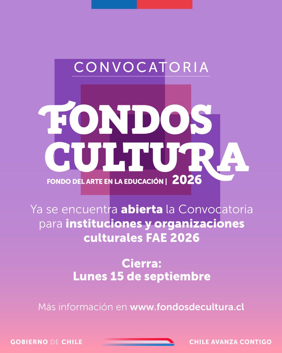 ✅ Ya está abierta nuestra convocatoria del Fondo de Fomento al Arte en la Educación 2026.

✅ FAE financia  total o parcialmente proyectos que contribuyan al fortalecimiento de procesos de formación artística y programas de educación en artes

✅  Más en fondosdecultura.cl