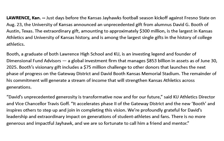 JayhawkSlant's tweet photo. More on the donation from David Booth. #KU https://t.co/comRDSDRYD