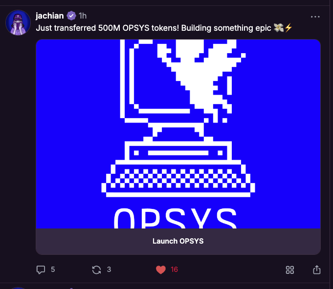 the first official $OPSYS partnership has successfully been executed in the mini app.   

godspeed you <a href="/Jachian22/">Jason</a>  - long may the work continue

farcaster.xyz/jachian/0x8481…