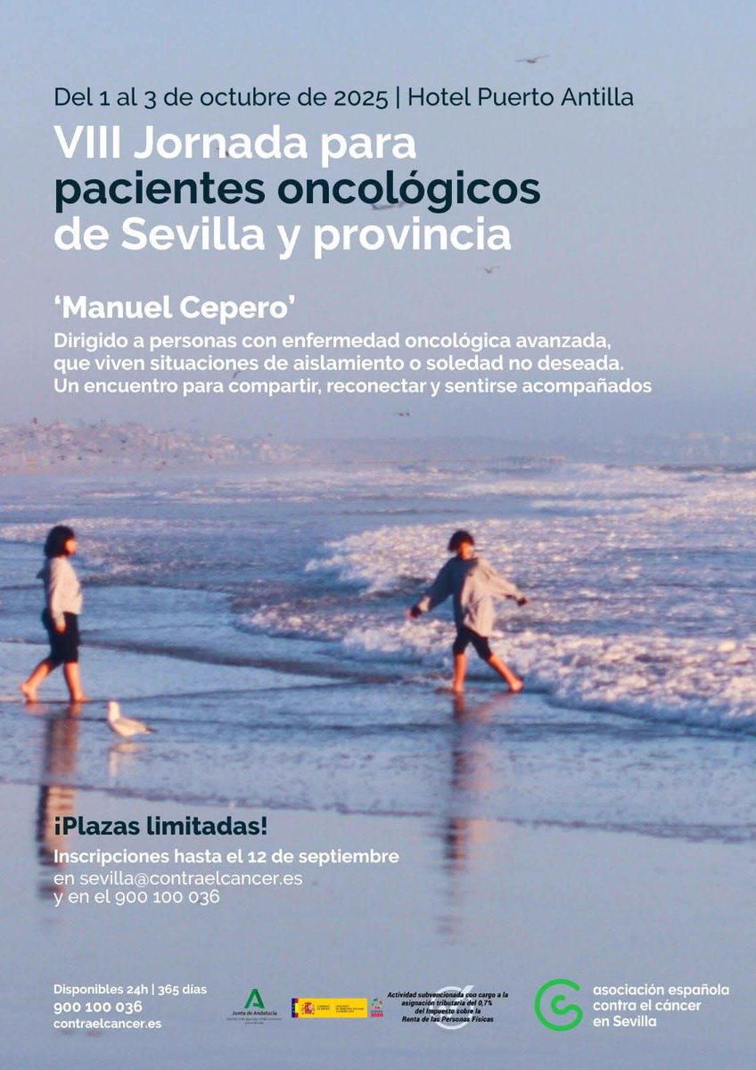 ASOCIACION ESPAÑOLA CONTRA EL CANCER SEVILLA (@contracancersev) on Twitter photo 🎗️ VIII Jornadas "Manuel Cepero" para pacientes oncológicos de Sevilla y Provincia
🗓 1 al 3 de octubre de 2025
📍 Puerto Antilla Grand Hotel (Islantilla - Huelva)
Estas jornadas organizadas por la <a href="/ContraCancerSEV/">Asociación Española Contra el Cáncer en Sevilla</a>
📞 Para más información: 900 100 036
sevilla@contraelcancer.es 🎗️ VIII Jornadas "Manuel Cepero" para pacientes oncológicos de Sevilla y Provincia
🗓 1 al 3 de octubre de 2025
📍 Puerto Antilla Grand Hotel (Islantilla - Huelva)
Estas jornadas organizadas por la <a href="/ContraCancerSEV/">Asociación Española Contra el Cáncer en Sevilla</a>
📞 Para más información: 900 100 036
sevilla@contraelcancer.es