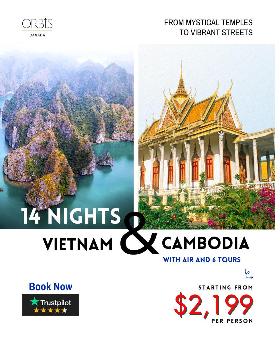 OrbisVacationCA's tweet image. From lantern-lit Hoi An nights to Angkor Wat sunrises 🌅—14 nights, 2 countries, 6 tours, endless memories. Starts from $2,199pp ✈️🌏 

📲 Book Now:
orbisvacation.ca/topdealsdetail… 

#VietnamTravel #CambodiaTravel #SoutheastAsiaTrip #TravelDeals #AngkorWat #HalongBay #HoiAn #PhnomPenh