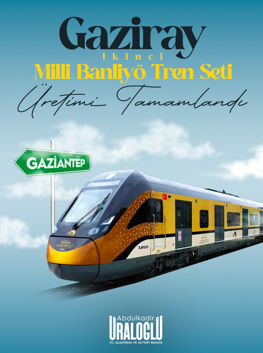 a_uraloglu's tweet photo. 🚆 Gaziray’da Önemli Viraj!

Milli Banliyö Tren Setimizin ikincisinin üretimini tamamladık…

Yerli ve milli mühendisliğimizle üretilen bu modern setler, bin yolcu kapasitesi ile Gaziantep trafiğine nefes aldıracak. 🌟

🛤️ 4 vagondan oluşan setlerimiz;
🪑 206 oturma kapasitesi
♿ Engelli erişimine uygun alanlar
🚪 32 yüksek güvenlikli kapı
📺 42 bilgilendirme ekranı
🎥 16 iç + 4 dış güvenlik kamerasına sahip…

Kendi ürettiğimiz araçlarla şehir içi raylı taşımacılığında yeni bir dönemi başlatıyoruz… 

#TürkiyeHızlanıyor 🇹🇷