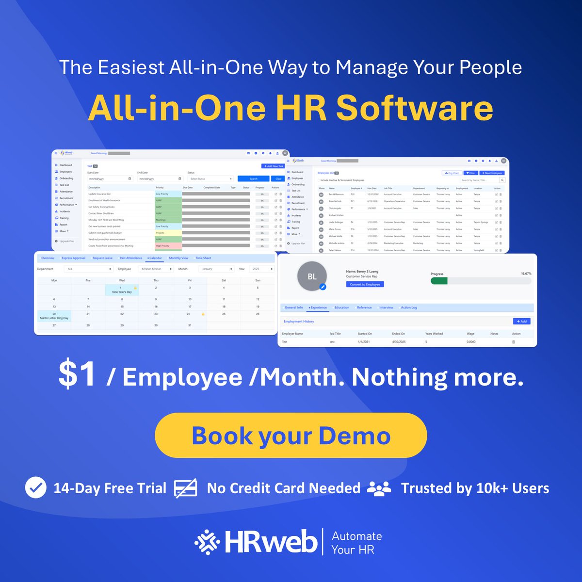 hrwebsoftware's tweet image. 🚀 Manage your entire HR for just $1/employee/month 

📅 Book your free demo today and simplify HR forever!
hrwebsoftware.com/sign-up

 #HRSoftware #HRManagement #HRTech #HRSolutions #SmallBusinessHR #HRTools #HRAutomation #WorkforceManagement #HRweb #FutureOfHR
