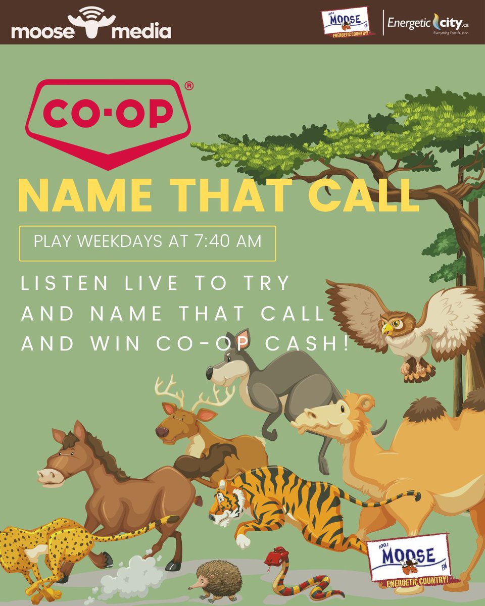 The only way to play Name That Call is to Listen Live every weekday morning at 7:40 🕒 Name That Call CORRECTLY and you take home the Co-op Cash jackpot 💸

#yxj #promo #fortstjohn #coop