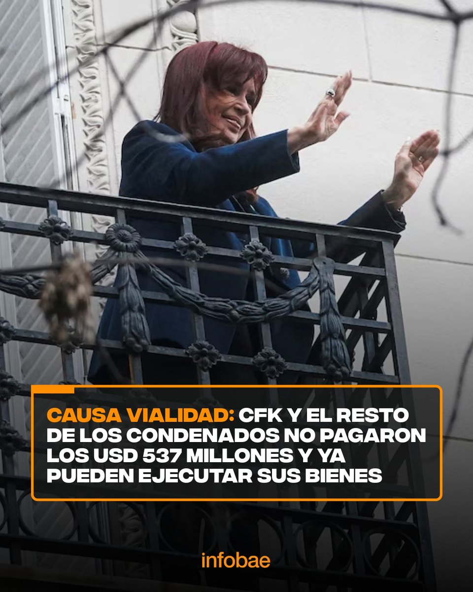 infobae (@infobae) on Twitter photo Causa Vialidad: CFK y el resto de los condenados no pagaron los USD 537 millones y ya pueden ejecutar sus bienes infob.ae/4lBkDzy Causa Vialidad: CFK y el resto de los condenados no pagaron los USD 537 millones y ya pueden ejecutar sus bienes infob.ae/4lBkDzy
