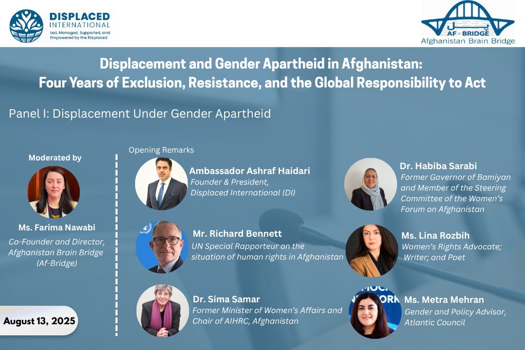 displacedint's tweet photo. 📅 Join DI @displacedint &amp; @AfBrainBridge for a vital virtual conference: “Displacement &amp; Gender Apartheid in Afghanistan: Four Years of Exclusion, Resistance, &amp; the Global Responsibility to Act”
🗓️ Aug 13, 2025 | 10 AM ET / 4 PM CET
🔗 Zoom: https://t.co/g78501TfTH https://t.co/OnFE4o5mDf