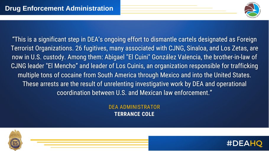 DEAHQ's tweet photo. Several DEA high-level targets among the 26 fugitives returned to the U.S. from Mexico, including leaders of cartels designated as Foreign Terrorist Organizations. #DEACartelExperts #OpTakeBackAmerica
Read more: https://t.co/l7zXE4DGtP https://t.co/90HWVmS3Hz