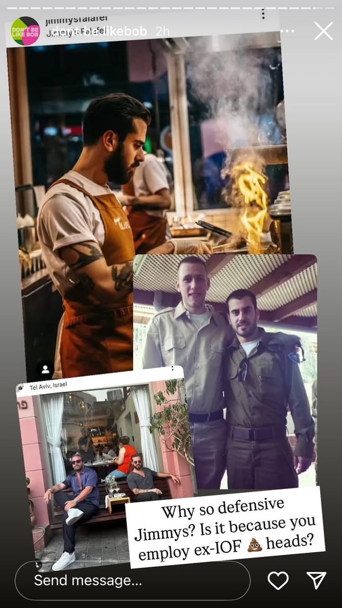 Jimmy's Falafel is 330D George Street, Sydney. One of the chef's is an ex IOF head #BDS. 

Via  dont.be.likebob on Instagram.