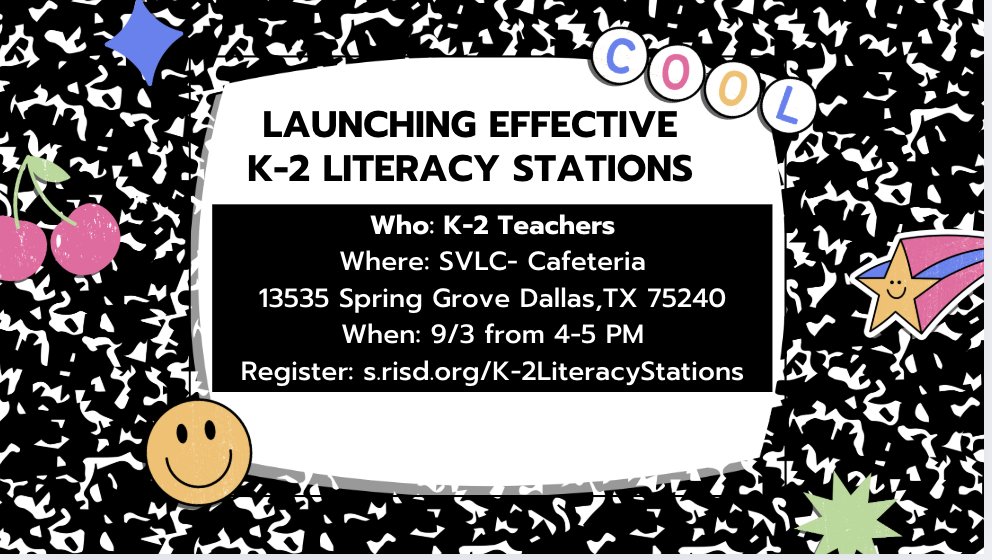 Christie Kerbow, M.E.d (@kerbow_risd) on Twitter photo Join the RLA team on 9/3 for Launching Effective K-2 Literacy Stations. This PD is designed to help you grow in your knowledge of implementing high quality literacy stations in your classroom. We can’t wait to see you there. <a href="/RISDrla/">Richardson ISD RLA Team</a> <a href="/lisastewardRISD/">Lisa M. Steward, M.Ed</a> <a href="/kristinleeper9/">Kristin Leeper, Ed. D</a> Join the RLA team on 9/3 for Launching Effective K-2 Literacy Stations. This PD is designed to help you grow in your knowledge of implementing high quality literacy stations in your classroom. We can’t wait to see you there. <a href="/RISDrla/">Richardson ISD RLA Team</a> <a href="/lisastewardRISD/">Lisa M. Steward, M.Ed</a> <a href="/kristinleeper9/">Kristin Leeper, Ed. D</a>