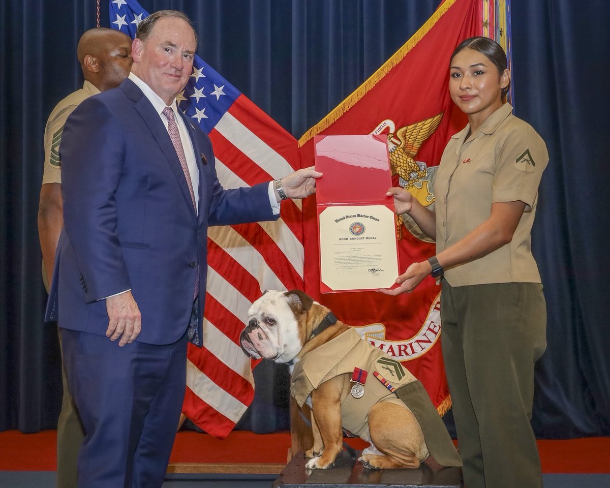 Secretary of the Navy John C. Phelan (@secnav) on Twitter photo Yesterday evening, we honored one of the most iconic Marines in our ranks who embodies <a href="/USMC/">U.S. Marines</a> grit, loyalty and the warrior spirit: Corporal Chesty XVI.
It is not every day the Secretary of the Navy gets to award a medal for exemplary conduct to a Marine who inspires thousands, Yesterday evening, we honored one of the most iconic Marines in our ranks who embodies <a href="/USMC/">U.S. Marines</a> grit, loyalty and the warrior spirit: Corporal Chesty XVI.
It is not every day the Secretary of the Navy gets to award a medal for exemplary conduct to a Marine who inspires thousands,