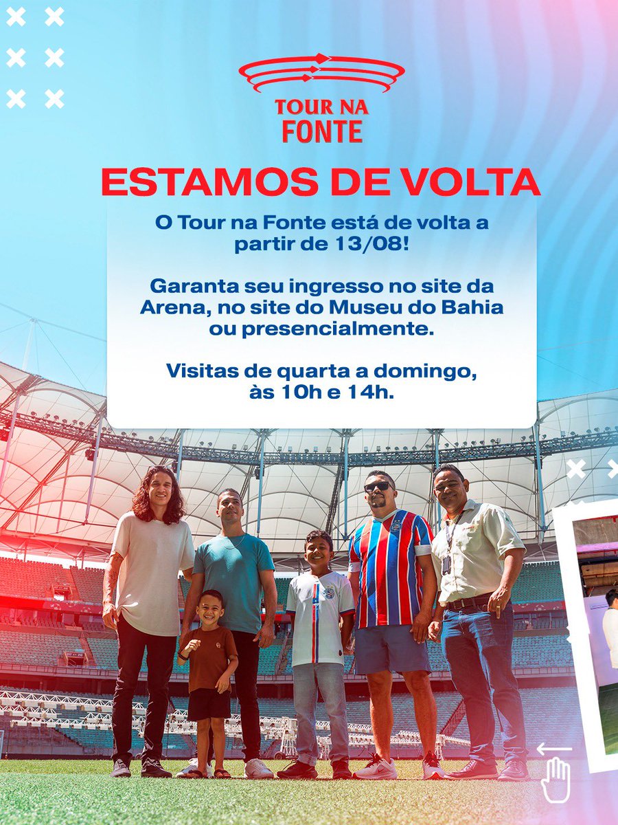 Arenaacelen's tweet photo. A partir de 13/08, o Tour na Fonte está de volta. Visitas de quarta a domingo, às 10h e 14h.

Ingressos no site da Arena, Museu do Bahia ou presencialmente.
Estacionamento grátis – Acesso 18.
Quem vem viver essa experiência? https://t.co/uxdML0zi5R