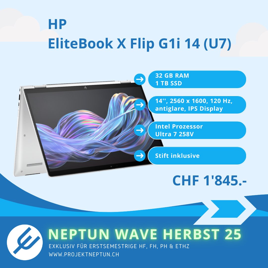 Die Convertible Laptops von HP sind stylische und hochwertig! ⁠
Erstsemestrige von HF, FH, PH &amp; ETH Zürich profitieren noch bis zum 25. August von exklusiven Rabatten in unserer Neptun Pre-Wave Herbst 25! 🔥⁠
⁠
👉 bit.ly/P25Nep-x-hpc1