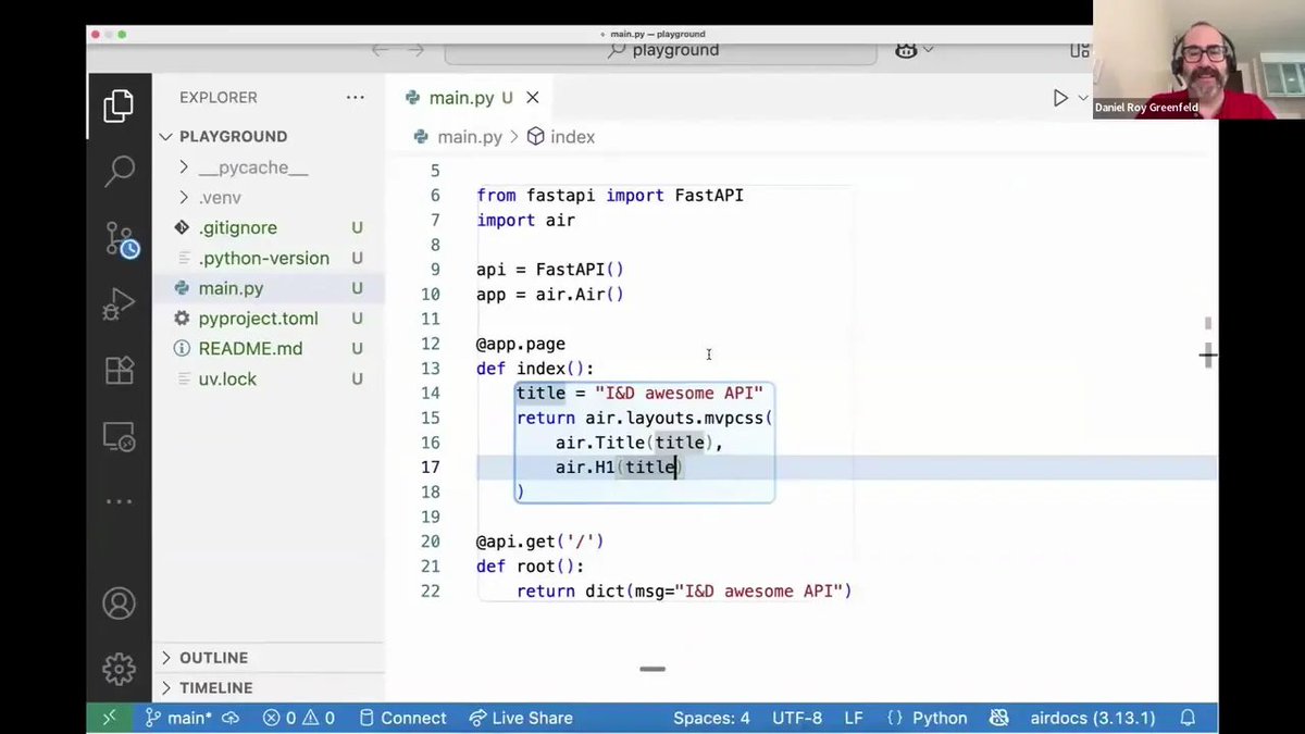 Eleanor Berger (@intellectronica) on Twitter photo 🚀 Using AI to build a new web-dev framework: Air
🐢 I recommend listening to this talk in 0.5X speed — so much useful information and ideas, you don't want to miss anything
💡 github.com/feldroy/air — built by <a href="/pydanny/">Daniel Roy Greenfeld</a> and <a href="/audreyfeldroy/">Audrey Roy Greenfeld</a>
🧱 Why Air: FastAPI excels at APIs, 🚀 Using AI to build a new web-dev framework: Air
🐢 I recommend listening to this talk in 0.5X speed — so much useful information and ideas, you don't want to miss anything
💡 github.com/feldroy/air — built by <a href="/pydanny/">Daniel Roy Greenfeld</a> and <a href="/audreyfeldroy/">Audrey Roy Greenfeld</a>
🧱 Why Air: FastAPI excels at APIs,
