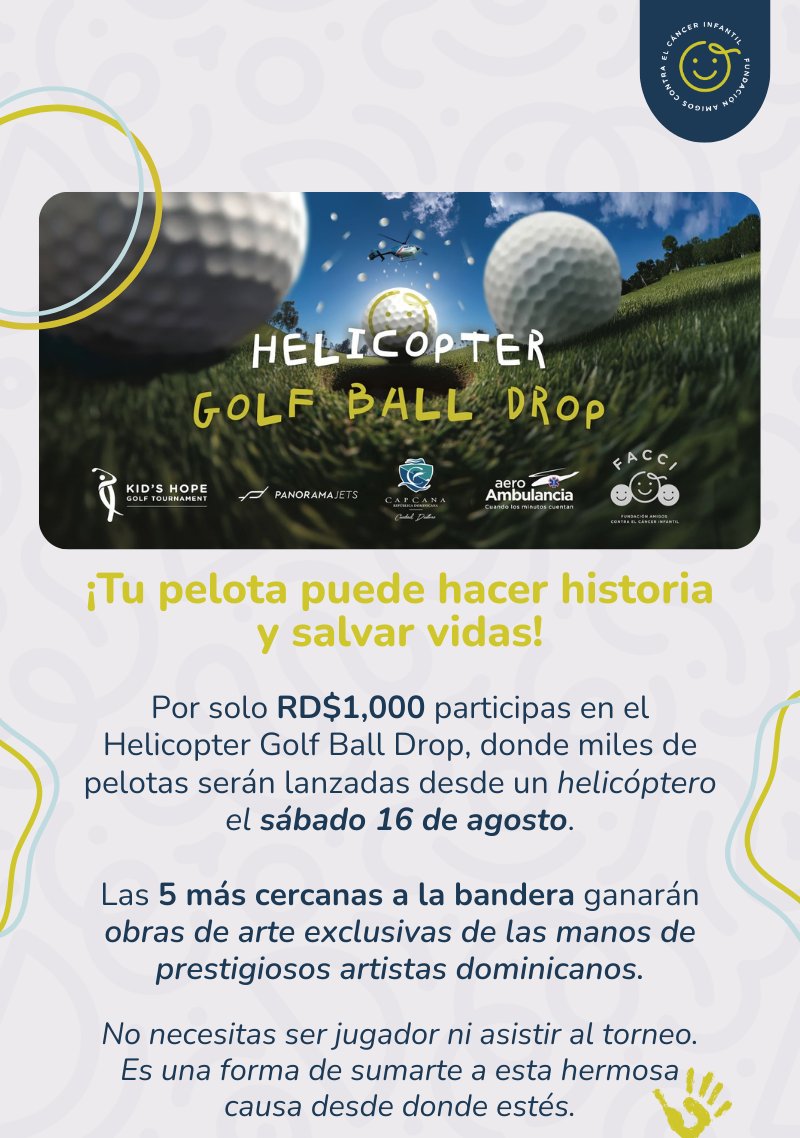 ¡Tu pelota de⛳️puede salvar vidas! Por solo RD$1,000 participa de la original rifa de <a href="/Facci_RD/">FACCI_RD</a> el HELICOPTER DROP BALL y gana una de las hermosas obras de arte de prestigiosos artistas. No tienes que jugar el torneo para comprar tu boleto aquí: dona.facci.org.do/rifa-kids-hope…