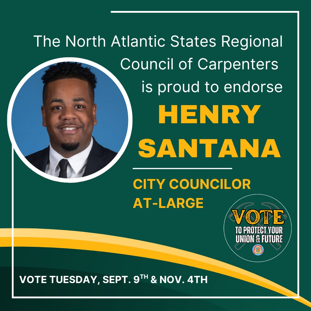 North Atlantic States Carpenters (@nasrcc_ubc) on Twitter photo The <a href="/NASRCC_UBC/">North Atlantic States Carpenters</a> is proud to endorse <a href="/Santana4Boston/">Henry Santana</a> For City Councilor At Large.
🗓Early voting days in Boston:
• Sat, Aug 30
• Sun, Aug 31
• Tues, Sept 2-Fri, Sept 5
Can’t vote early? Head to the polls on Sept 9 & Nov 4.
#mapoli #bospoli #teamsantana #santana4boston The <a href="/NASRCC_UBC/">North Atlantic States Carpenters</a> is proud to endorse <a href="/Santana4Boston/">Henry Santana</a> For City Councilor At Large.
🗓Early voting days in Boston:
• Sat, Aug 30
• Sun, Aug 31
• Tues, Sept 2-Fri, Sept 5
Can’t vote early? Head to the polls on Sept 9 & Nov 4.
#mapoli #bospoli #teamsantana #santana4boston