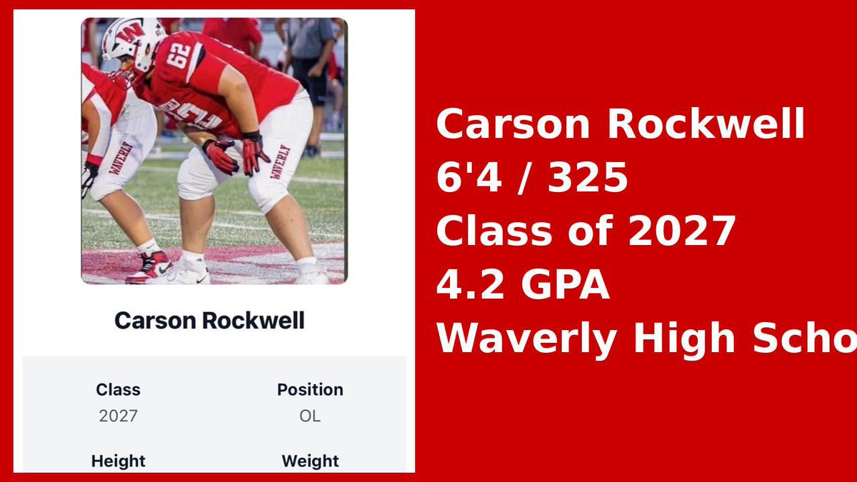 BackRoadRecruiting_ (@backroadrecruit) on Twitter photo 🌟 3⭐️ OT – Carson Rockwell
📏 Height: 6’4” | ⚖️ Weight: 320 lbs
📚 GPA: 4.2 | 🎓 Class of 2027
🏫 Waverly HS – Waverly, NY
🐦 Twitter: <a href="/RockwellCarsonn/">Carson Rockwell</a>
D1 FBS ~ D1 FCS ~ D2 📈
🔎High ceiling player that could kick in to OG at the 4 year level
youtu.be/Fw9wq0N1rxM 🌟 3⭐️ OT – Carson Rockwell
📏 Height: 6’4” | ⚖️ Weight: 320 lbs
📚 GPA: 4.2 | 🎓 Class of 2027
🏫 Waverly HS – Waverly, NY
🐦 Twitter: <a href="/RockwellCarsonn/">Carson Rockwell</a>
D1 FBS ~ D1 FCS ~ D2 📈
🔎High ceiling player that could kick in to OG at the 4 year level
youtu.be/Fw9wq0N1rxM