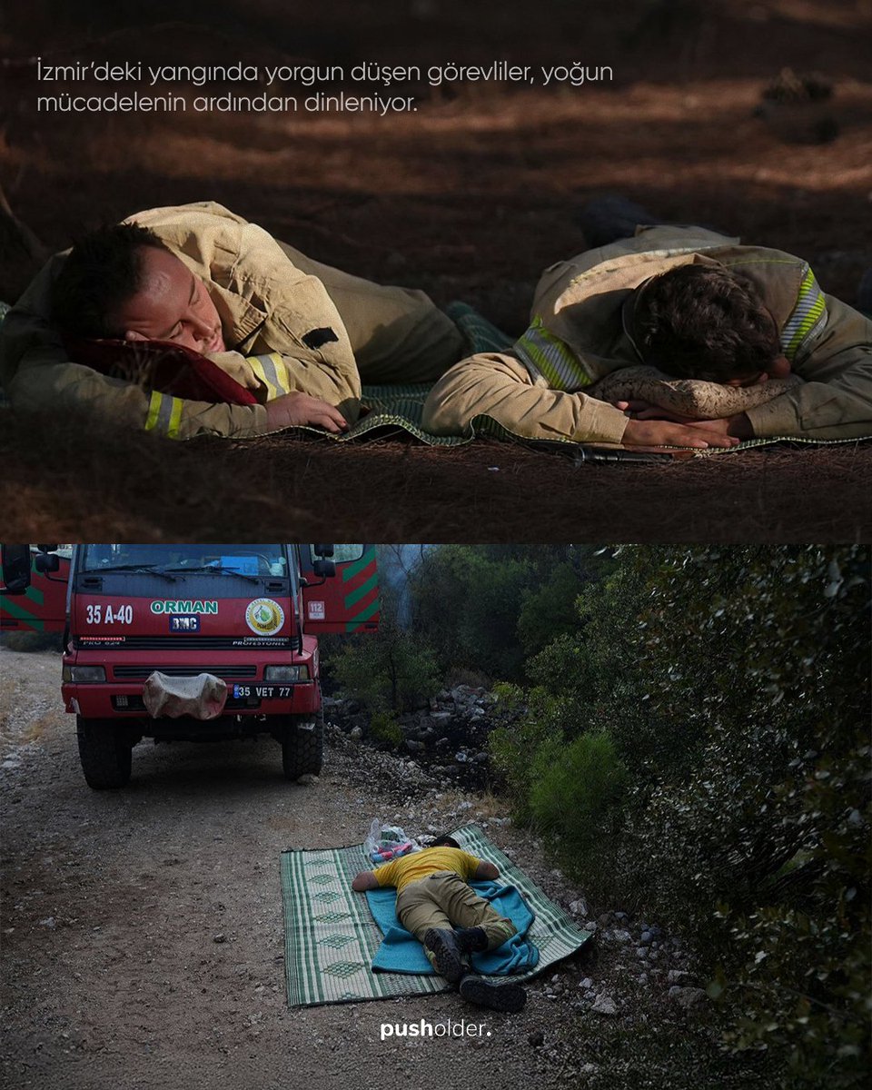 İzmir'deki yangında yorgun düşen görevliler, yoğun mücadelenin ardından dinleniyor.