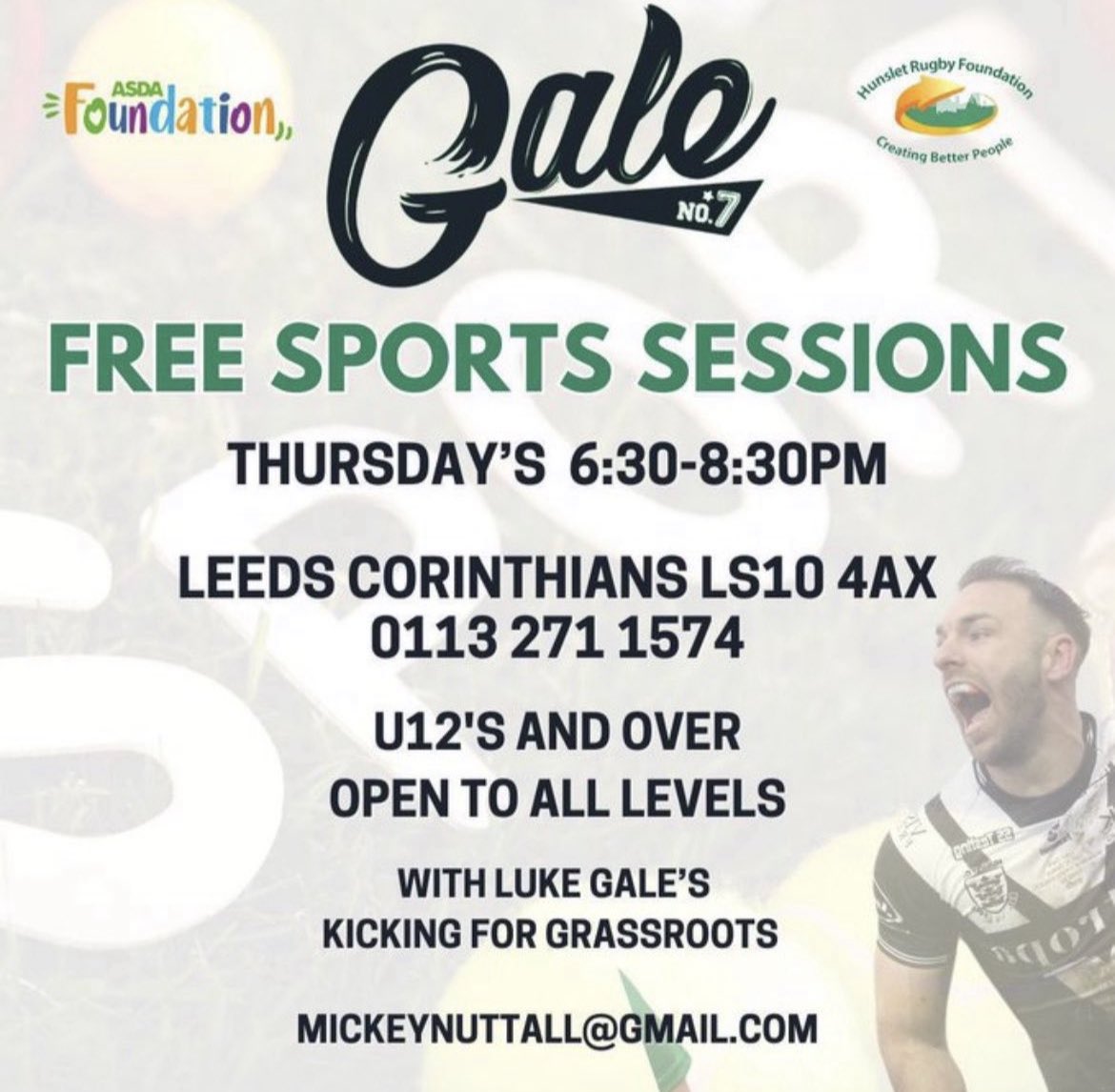 🌟 Free weekly sports sessions with <a href="/snozzer_gale/">Luke Gale</a>’s #kickingforgrassroots
📍 Leeds Corinthians LS10 4AX
⏰ Thursdays, 6:30–8:30PM
U12s &amp; above – all skill levels welcome!
Build confidence, teamwork, &amp; a love for the game 🙌
#KickingForGrassroots <a href="/AsdaFoundation/">Asda Foundation</a> <a href="/HunsletRugby/">Hunslet Rugby Foundation</a>