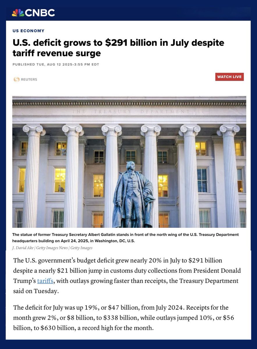 Trump is going to bankrupt this country like it’s one of his casinos.

The U.S. deficit blew up in July, even with a record surge in tariff revenue—costs that we are paying at the checkout.

📌 Trump’s spending spree burned through revenue faster than it came in.