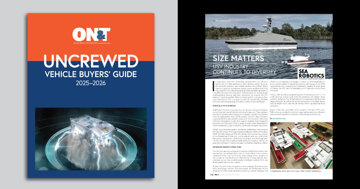 SeaRoboticsCorp's tweet image. SIZE MATTERS: USV Industry Continues to Diversify
Turn to page 170 in the @oceannews Uncrewed Vehicles Buyers’ Guide to read more: bit.ly/41yDQdK
#uncrewedsystems #USVs #oceanrobotics #autonomoussystems
