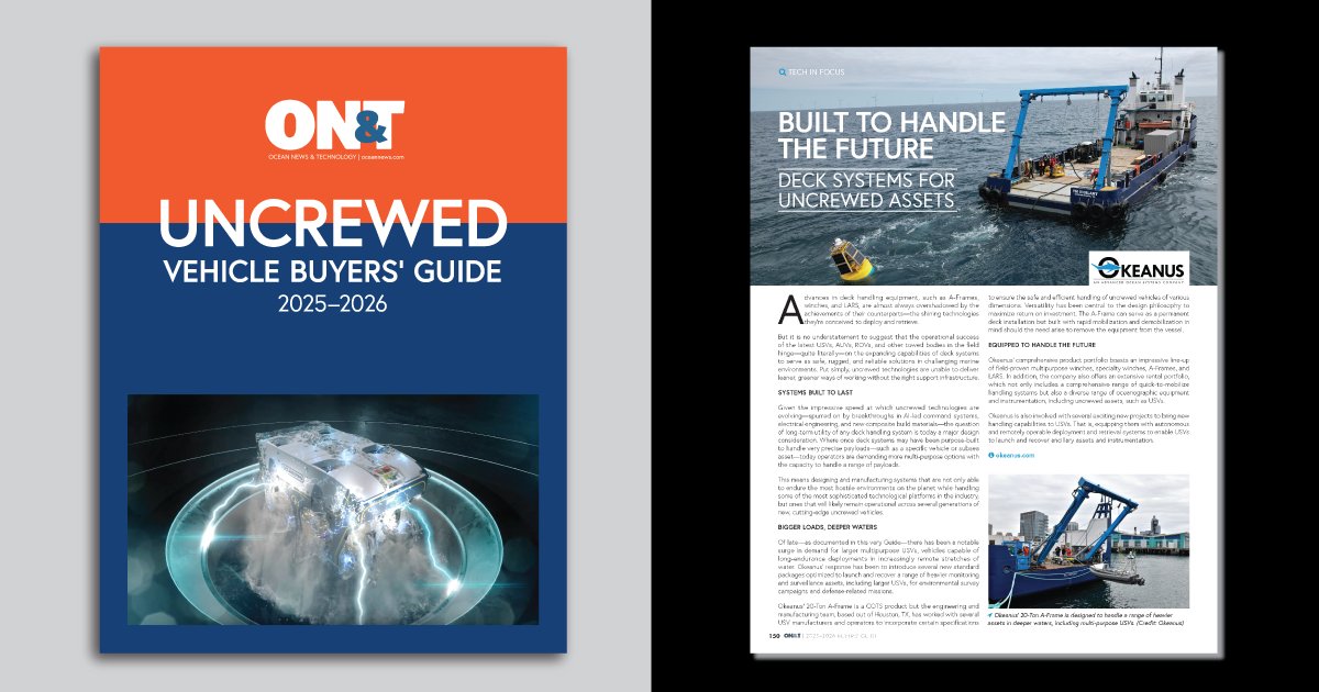 OkeanusRentals's tweet photo. BUILT TO HANDLE THE FUTURE: Deck Systems for Uncrewed Assets
 
Turn to page 150 in the @oceannews Uncrewed Vehicles Buyers’ Guide to read more: https://t.co/Qc78u9GFFV
 
#uncrewedoperations #oceanengineering #oceantechnology https://t.co/pnc969MAKw
