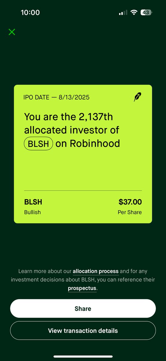TradingWithJod's tweet photo. I just received 49 out of 400 shares requested for $BLSH #NYSE #IPO Did I get lucky with this amount or did others receive a good chunk as well? https://t.co/Yg91HgmowV