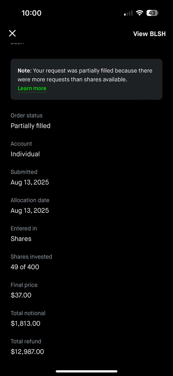 TradingWithJod's tweet photo. I just received 49 out of 400 shares requested for $BLSH #NYSE #IPO Did I get lucky with this amount or did others receive a good chunk as well? https://t.co/Yg91HgmowV