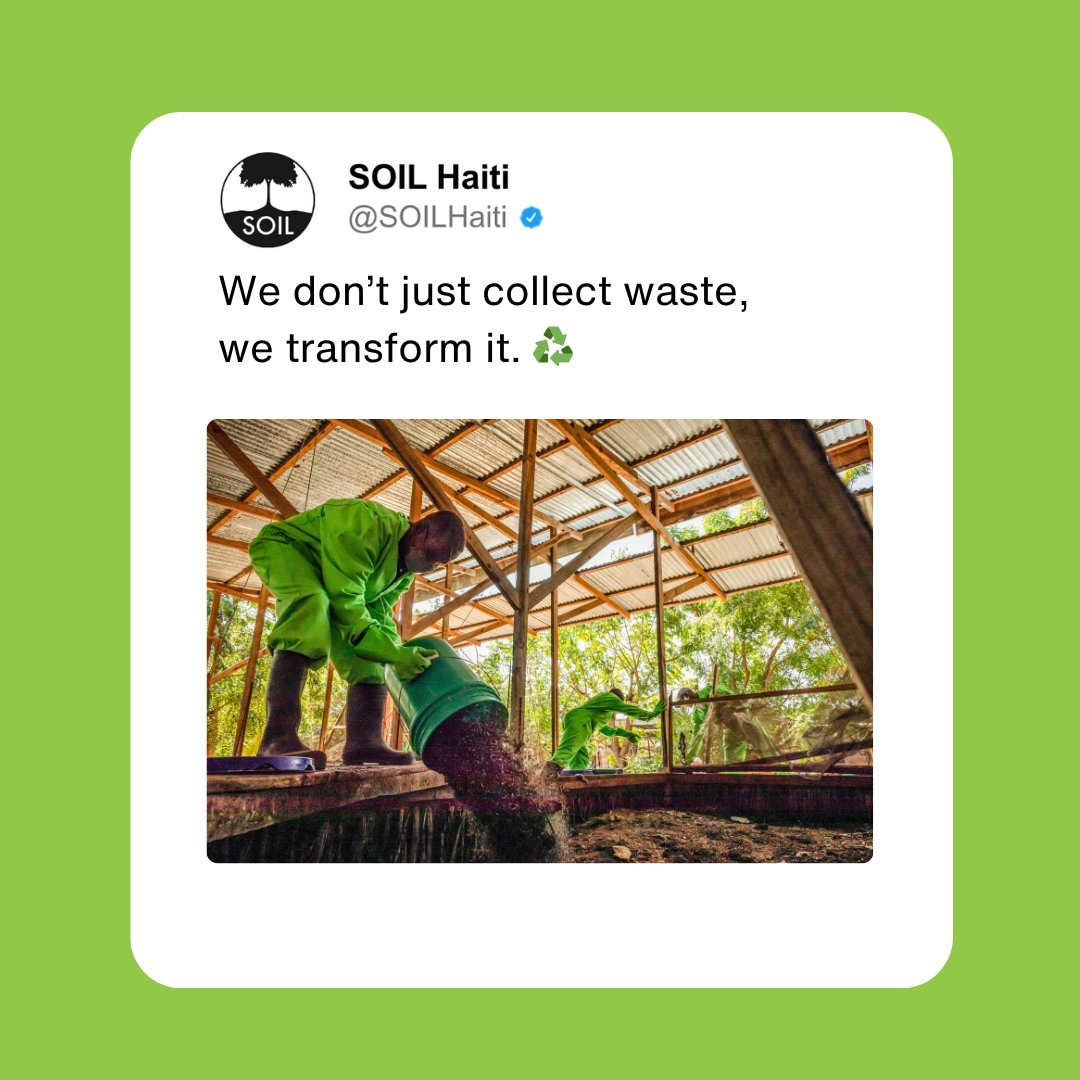 SOILHaiti's tweet photo. We don’t just collect waste—we transform it. ♻️
SOIL’s ecological sanitation service closes the loop between sanitation and agriculture. 🌾
#RegenerativeSanitation #CompostingToilets #SustainableDevelopment #SOILHaiti https://t.co/4mA1aAX4sf