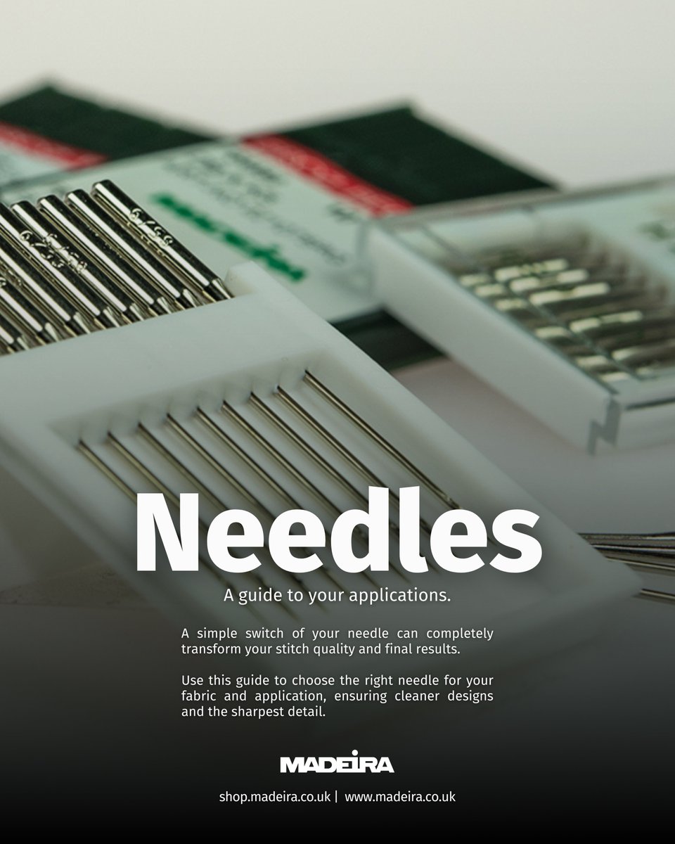 MadeiraUK's tweet photo. A guide to your application🪡

Both thread weight and fabric type play a huge role in choosing the right needle - whether it’s ball-point or sharp-point. For the best match, check the back of your Madeira shade card for our recommended needle sizes and thread pairings🧵 https://t.co/B29WHZbFm2