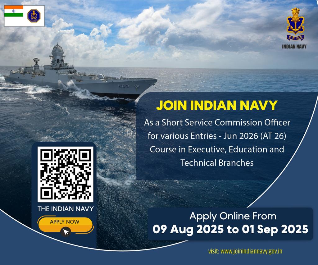 Indian Navy invites applications for 
Short Service Commission (Various Entries) – Jun 2026 Course for Executive, Education and Technical Branches.

Application window is open
Last date - 01 Sep 2025

Visit : joinindiannavy.gov.in