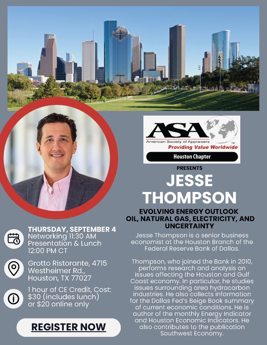 Save the date! ASA's Houston Chapter is hosting an in-person and virtual meeting on the Evolving Energy Outlook: Oil, Natural Gas, Electricity and Uncertainty by Jesse Thompson on 9/4. Register Here: bit.ly/4oqVHgx #ASAappraisers