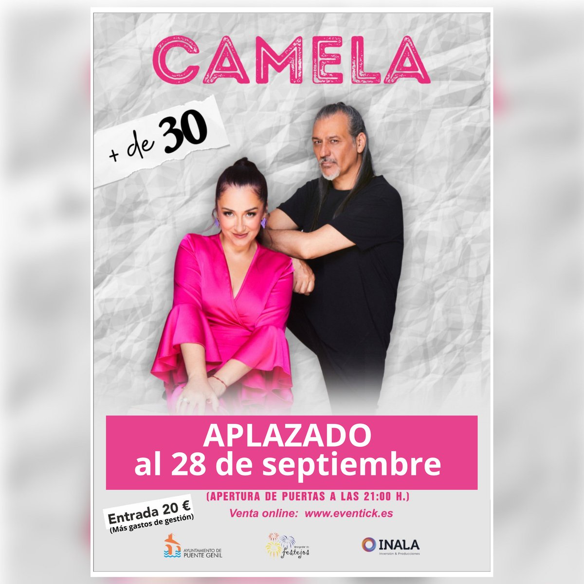 📢 El concierto de <a href="/camelaoficial/">Camela</a> del 17/08 en Puente Genil se aplaza al 28/09/25 por salud de Dioni.
🎟 Entradas válidas o devolución en eventick.es desde 14/08.
💙 Pronta recuperación, Dioni.