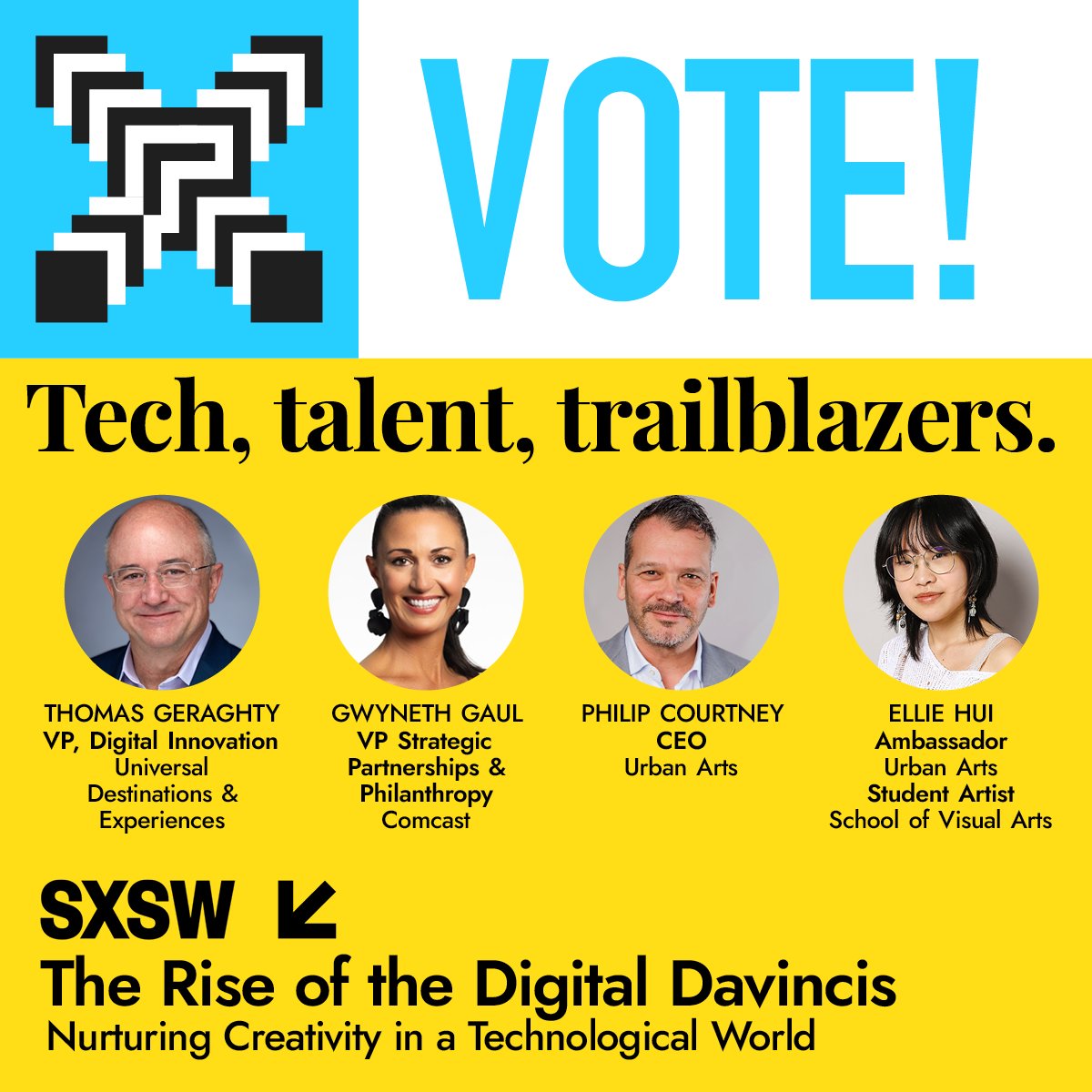 Just a click of the ❤️ to vote for our SXSW 2026 panel The Rise of the Digital DaVincis!  bit.ly/VoteNowSXSW2026
and #linkinbio ⬆️ ⬆️ ⬆️

Urban Arts CEO Philip Courtney talks with Thomas Geraghty, VP #DigitalInnovation ; Gwyneth Gaul, VP #StretegicPartnerships; and Ellie Hui,