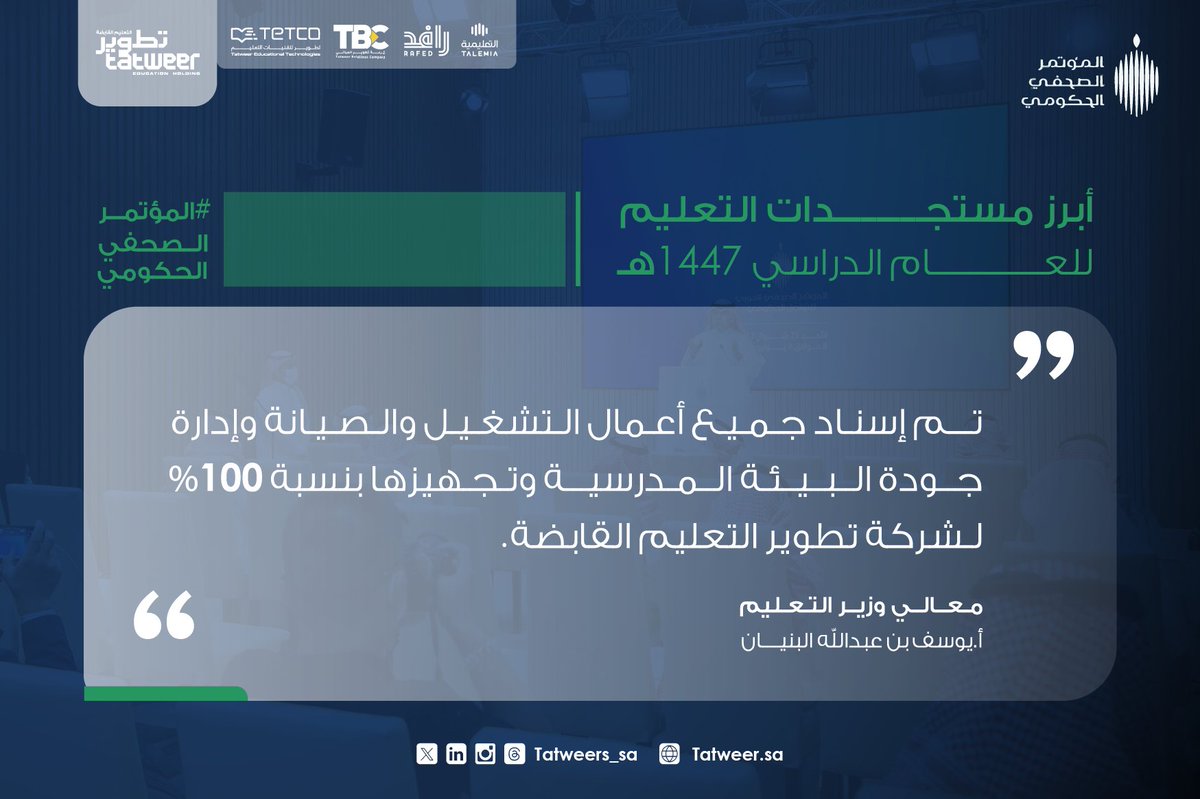 tatweers_sa's tweet photo. خلال #المؤتمر_الصحفي_الحكومي
وزير التعليم "تم إسناد جميع أعمال التشغيل والصيانة وإدارة جودة البيئة المدرسية وتجهيزها بنسبة 100% لشركة تطوير التعليم القابضة". https://t.co/JkJ6LxqN3m