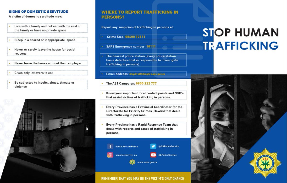 SAPoliceService's tweet image. #sapsFAQ What is Trafficking in persons? Human Trafficking is a crime and a reality in SA. Since Trafficking In Persons (TIP) is often a crime that is hidden in plain sight, it is important to be aware of its warning signs. Read more about #HumanTrafficking by visiting our…